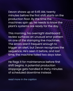 Text-heavy block describing Devon arriving early, a production dashboard, and an unusual error pattern; ends with 'read more in the caption.'