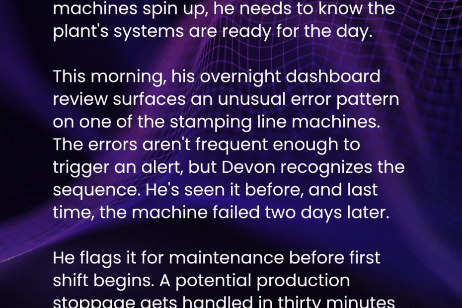 Text-heavy block describing Devon arriving early, a production dashboard, and an unusual error pattern; ends with 'read more in the caption.'