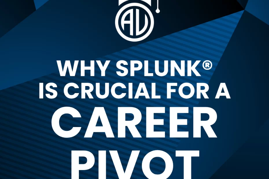 Blue geometric banner with white text reading 'Why Splunk is crucial for a career pivot' and a white graduation cap logo above it.