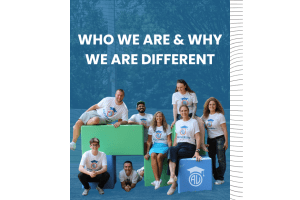 Group of diverse team members in branded shirts posing with colorful blocks on a blue background; title reads 'Who we are & why we are different'.