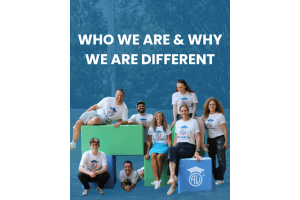 Group of diverse teammates in white shirts posing on colorful blocks with a blue backdrop and the headline 'Who we are & why we are different' overlay.