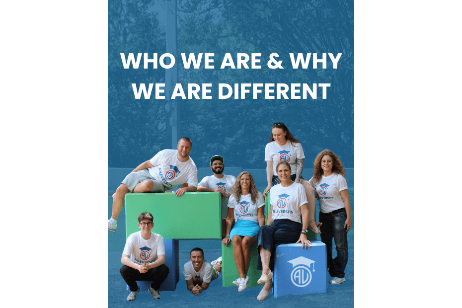 Group of diverse teammates in white shirts posing on colorful blocks with a blue backdrop and the headline 'Who we are & why we are different' overlay.