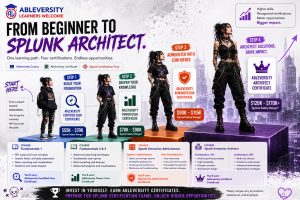 Infographic poster: Ableversity's learning path from beginner to Splunk Architect with certificates and salary ranges.
