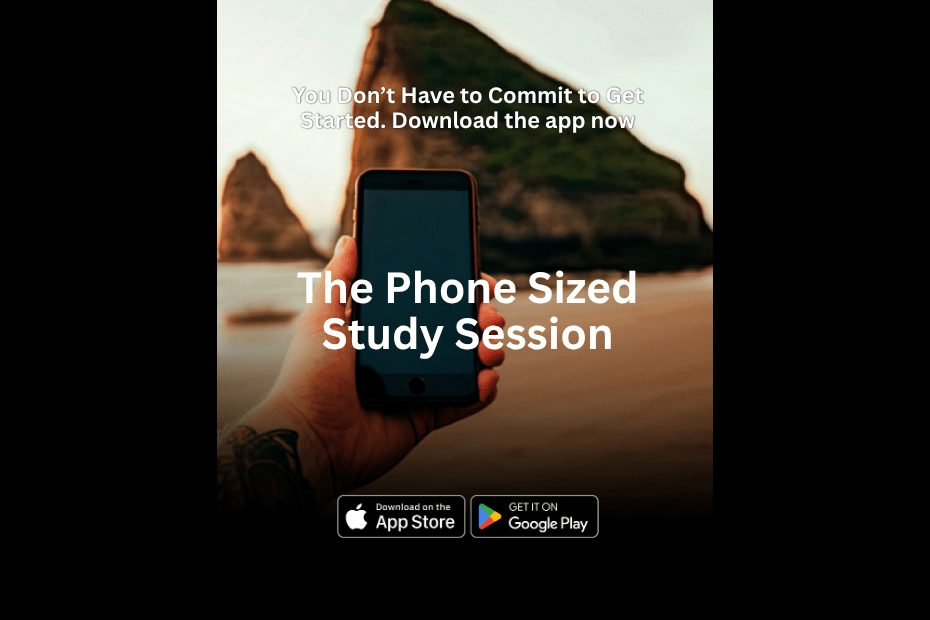 Hand holding a smartphone at a beach with bold promo text The Phone Sized Study Session and app store badges promoting the app.