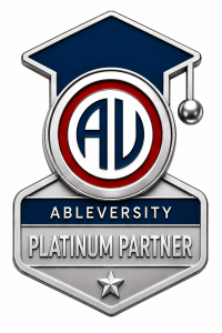 AbleVersity Platinum Partner badge with a blue graduation cap and silver emblem