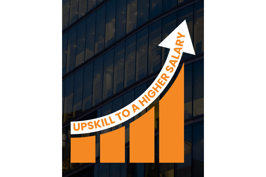 Graphic showing rising orange bars with a curved white arrow reading 'UPSKILL TO A HIGHER SALARY' and a white upward-pointing arrow, over a building background, conveying career growth.