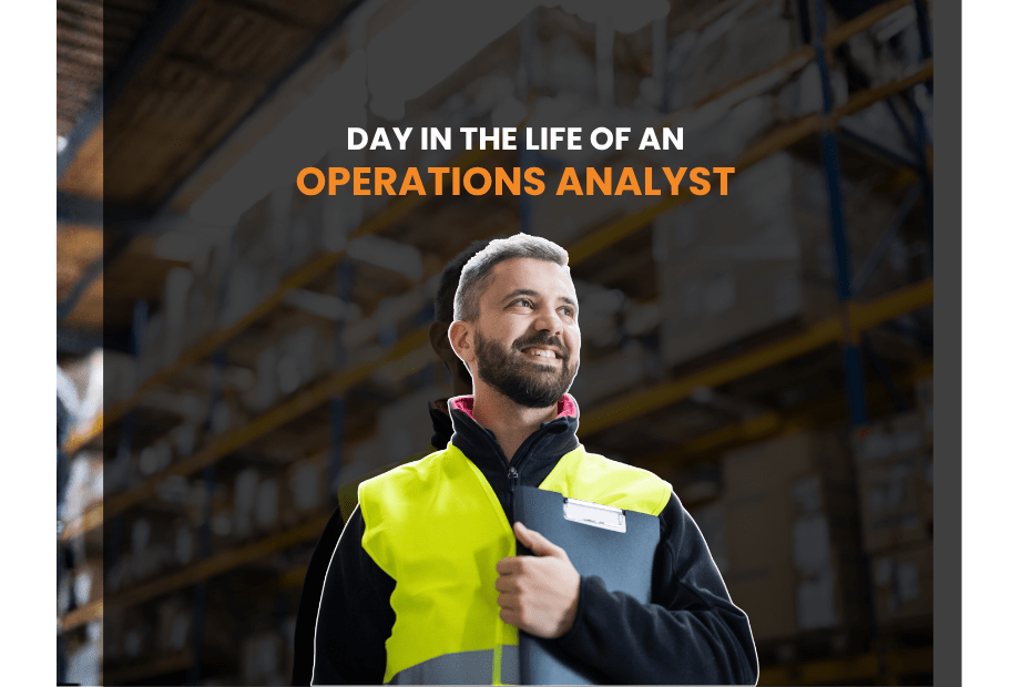 Smiling man in a neon safety vest holds a clipboard in a warehouse; article title reads 'Day in the Life of an Operations Analyst'.