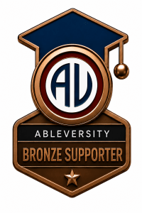 AbleVersity Bronze Supporter badge with a blue graduation cap and circular monogram emblem (bronze color).