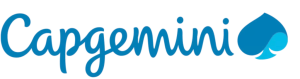 Capgemini logo: blue cursive wordmark with a blue spade-like emblem to the right