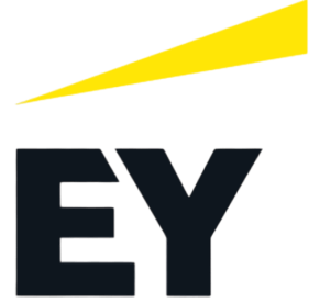 EY logo: bold dark letters 'EY' with a yellow angled swoosh above on a black background