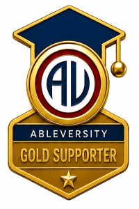 AbleVerity Gold Supporter badge with a blue graduation cap and circular logo centerpiece framed in gold.