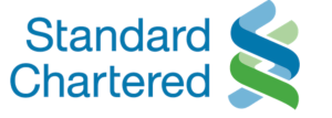Standard Chartered logo: blue wordmark with a multicolored ribbon emblem on the right.