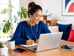 Woman in a blue sweater writes in a notebook at a wooden table, wearing white wired headphones, with a laptop open nearby, in a bright room with plants.