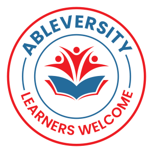 Circular seal with red and blue border, three stylized red figures above an open blue book; edge reads 'LEARNERS WELCOME'.