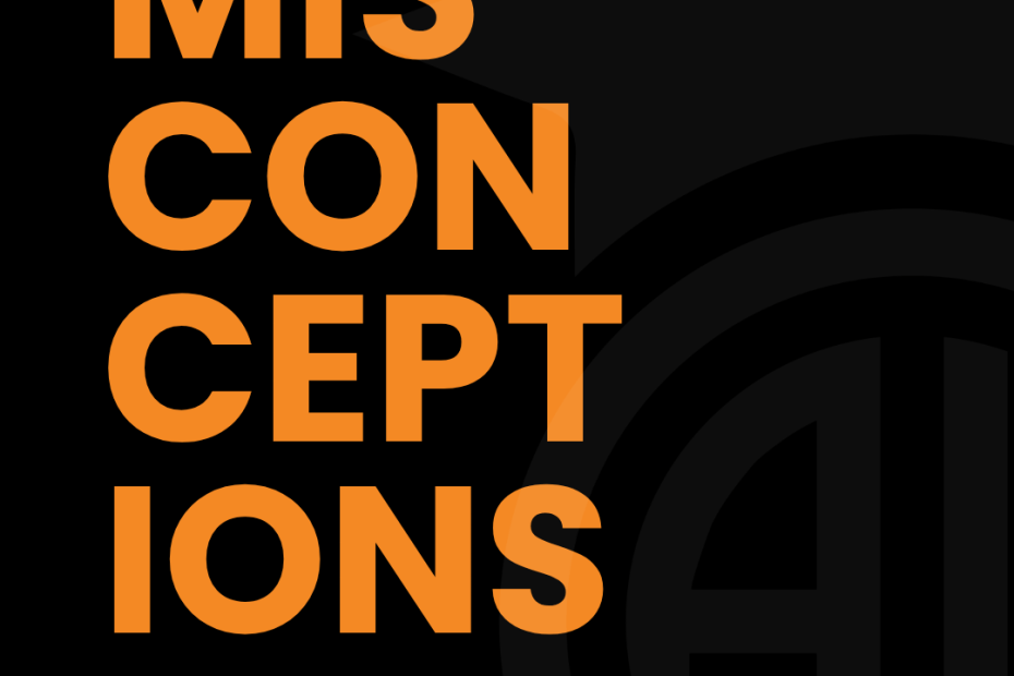 Bold orange text reading 'MIS CONCEPTIONS' on a black poster, with smaller white subtitle 'about Cybersecurity from Tech Students' at the bottom left.