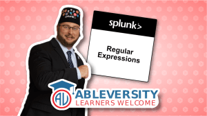 Smiling man in a suit with a patched hat beside a tilted card that reads 'Regular Expressions' and the AbleVersity logo on a pink patterned background.